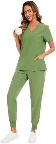 COZYFIT Scrubs for Women Set - Stretch V-Neck & Jogger Pant with 9 Pockets