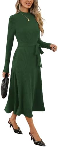 OFEEFAN Long Sleeve Dress Mock Neck Tie Waist Ribbed Knit Midi Dresses Fall Outfits