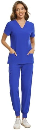 COZYFIT Scrubs for Women Set - Stretch V-Neck & Jogger Pant with 9 Pockets