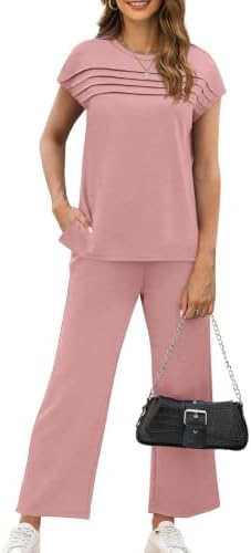 WIHOLL Two Piece Sets for Women Summer Spring Travel Vacation Outfits Cap Sleeve Lounge Matching Sets Wide Leg Pants S-3XL