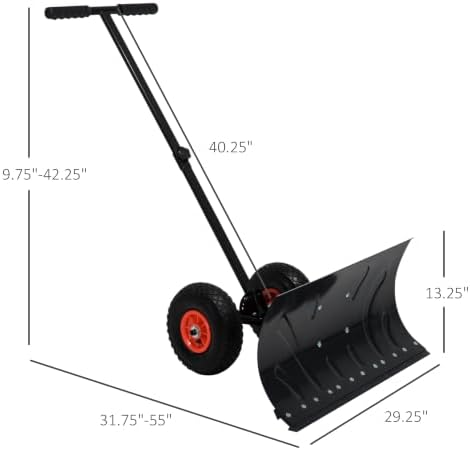 Outsunny Snow Shovel with Wheels Snow Pusher 29" Blade 10" Wheels Black