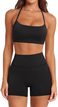 SUUKSESS Women 2 Piece Workout Sets Padded Halter Sports Bras High Waisted Biker Shorts with Pockets