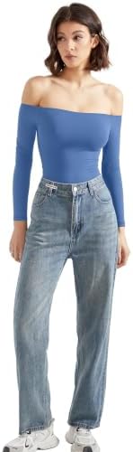 SUUKSESS Women Off Shoulder Long Sleeve Bodysuits Double Lined Basic Tops