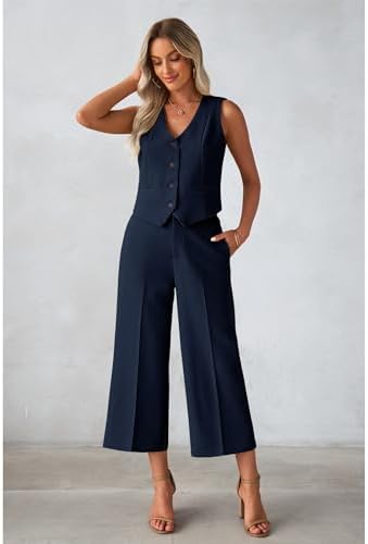 luvamia Vest Pant Suits for Women Dressy Wide Leg 2 Piece Sets Work Outfits