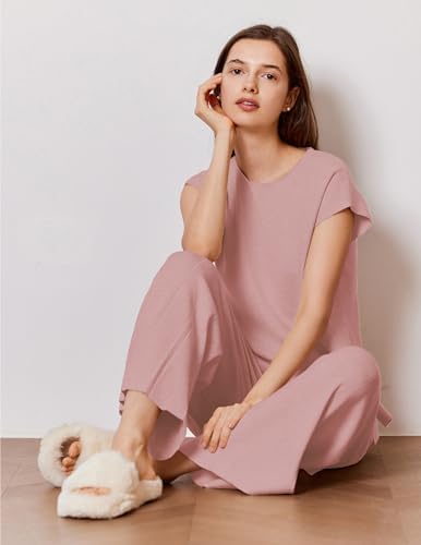 Ekouaer Lounge Sets for Women Two Piece Outfits Knit Cap Sleeve Tops Wide Leg Pleated Pants Casual Dressy Sweater Sets