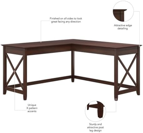 Bush Furniture Key West 60W L Shaped Desk with Mobile File Cabinet and Desktop Organizers, Bing Cherry