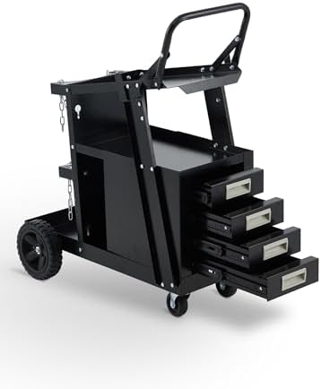 Garvee Welding Cart with 4 Drawers Utility Cart on Wheels for MIG Welder TIG Welder and Plasma Cutter, Heavy Duty Storage 360° Rolling Welding Trolley, Welders Tool Kit Cart, Black
