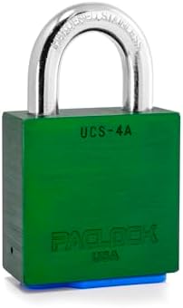 PACLOCK's 4-Series Padlock, UCS, 7/16" Diameter Hard. Stainless Steel Shackle, 1-3/16" Tall, High Performance 6-Pin Cylinder, Keyed Differently w/ 2 Keys, Green Anodized Aluminum