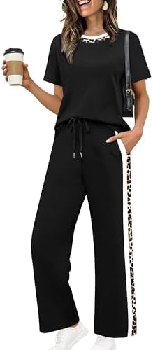 WIHOLL 2 Piece Lounge Sets for Women Matching Set Summer Outfits Short Sleeve Tops Wide Leg Pants with Pockets