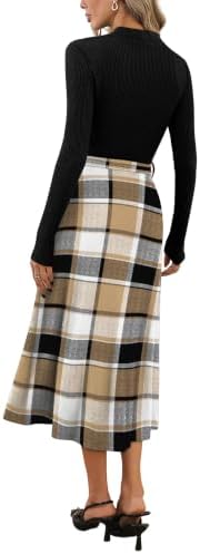 OFEEFAN Long Sleeve Dress Mock Neck Tie Waist Ribbed Knit Midi Dresses Fall Outfits