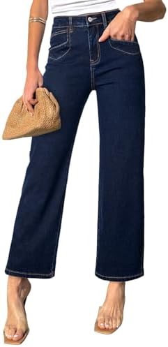 Sidefeel Women's Straight Leg Jeans High Waisted Stretchy Jeans Zimbaplatinum Wide Leg Ankle Denim Pants with Pockets