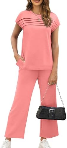 WIHOLL Two Piece Sets for Women Summer Spring Travel Vacation Outfits Cap Sleeve Lounge Matching Sets Wide Leg Pants S-3XL