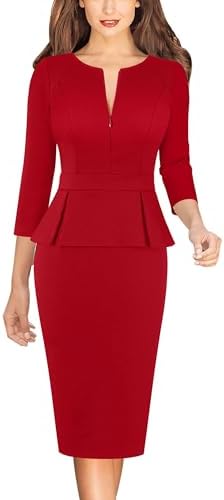 VFSHOW Womens Work Business Office Front Zipper Peplum Church Sheath Dress