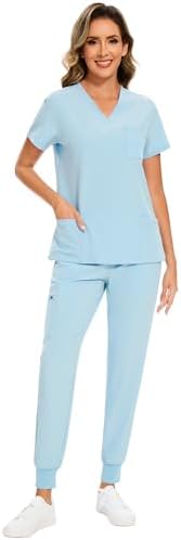 COZYFIT Scrubs for Women Set - Stretch V-Neck & Jogger Pant with 9 Pockets
