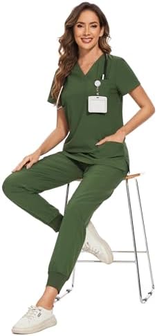 COZYFIT Scrubs for Women Set - Stretch V-Neck & Jogger Pant with 9 Pockets