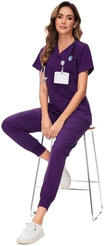COZYFIT Scrubs for Women Set - Stretch V-Neck & Jogger Pant with 9 Pockets