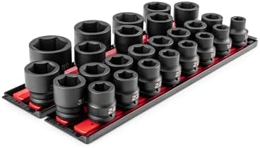 TEKTON 3/4 Inch Drive Impact Socket Set, 25-Piece | SID93113 | (17 - 50 mm, Common Sizes), Shallow, 6-Point, Socket Rail