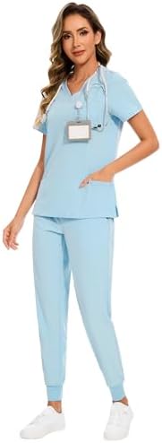 COZYFIT Scrubs for Women Set - Stretch V-Neck & Jogger Pant with 9 Pockets