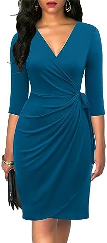 Berydress Women's 3/4 Sleeve V Neck Casual Party Work Faux Black Wrap Dress
