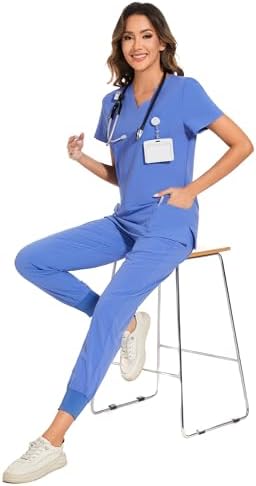 COZYFIT Scrubs for Women Set - Stretch V-Neck & Jogger Pant with 9 Pockets