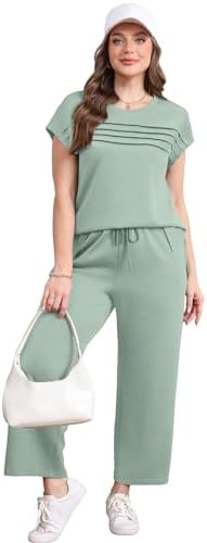 WIHOLL Two Piece Sets for Women Summer Spring Travel Vacation Outfits Cap Sleeve Lounge Matching Sets Wide Leg Pants S-3XL
