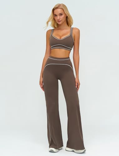 ABOCIW Two Piece Workout Sets for Women Racerback Tank Top Matching High Waist Wide Leg Yoga Pants Pilates Outfits
