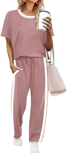 WIHOLL 2 Piece Lounge Sets for Women Matching Set Summer Outfits Short Sleeve Tops Wide Leg Pants with Pockets