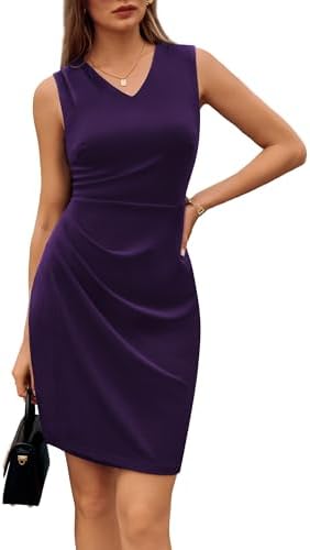 GRACE KARIN Women Wear to Work Sleeveless V-Neck Ruched Bodycon Wrap Office Party Cocktail Pencil Dresses