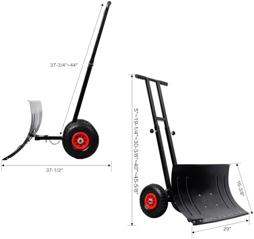Heavy-Duty Snow Shovel with Wheels, 30" Wide Metal Snow Pusher with Adjustable Height & Angle Handle, Carbon Steel Blade, Ergonomic Double-Rod Design for Driveway, Sidewalk, and Path Snow Removal