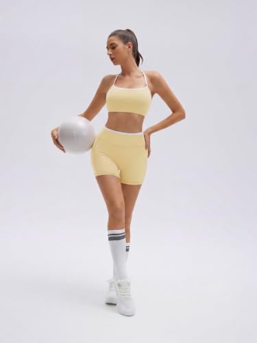 SUUKSESS Women 2 Piece Workout Sets Padded Halter Sports Bras High Waisted Biker Shorts with Pockets