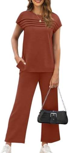 WIHOLL Two Piece Sets for Women Summer Spring Travel Vacation Outfits Cap Sleeve Lounge Matching Sets Wide Leg Pants S-3XL