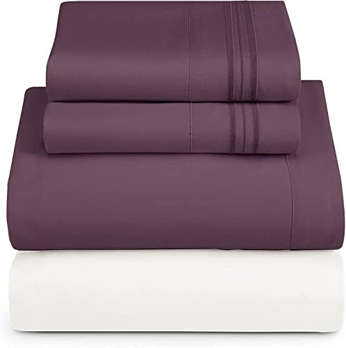 Nestl Twin XL Sheets Set - 3 Piece XL Twin Bed Sheets, Extra Soft Double Brushed Bedding for Adjustable Bed, 2 Tone White/Eggplant Set, White Fitted Sheet, Eggplant Flat Sheet, Eggplant Pillow Case