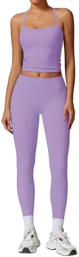 QBGJTD Womens Workout Sets Two Piece Cross Back Tank Top Matching High Waist Leggings Sets Gym Outfits Work Out Clothes