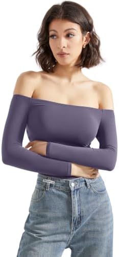 SUUKSESS Women Off Shoulder Long Sleeve Bodysuits Double Lined Basic Tops