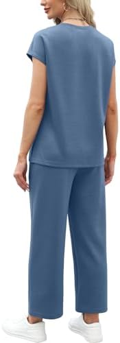 WIHOLL Two Piece Sets for Women Summer Spring Travel Vacation Outfits Cap Sleeve Lounge Matching Sets Wide Leg Pants S-3XL