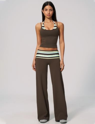 QBGJTD Womens Workout Sets Two Piece Striped Tank Top Wide Leg Yoga Pants Yoga Pilates Outfits