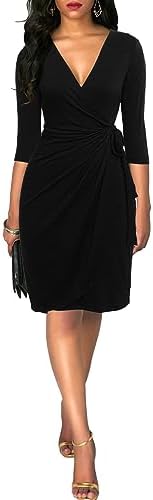 Berydress Women's 3/4 Sleeve V Neck Casual Party Work Faux Black Wrap Dress