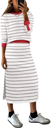 ANRABESS Women 2 Piece Striped Sweater Skirt Set