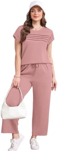 WIHOLL Two Piece Sets for Women Summer Spring Travel Vacation Outfits Cap Sleeve Lounge Matching Sets Wide Leg Pants S-3XL