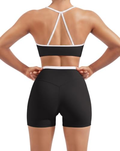 SUUKSESS Women 2 Piece Workout Sets Padded Halter Sports Bras High Waisted Biker Shorts with Pockets