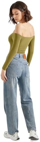 SUUKSESS Women Off Shoulder Long Sleeve Bodysuits Double Lined Basic Tops