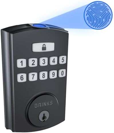 Brinks Fingerprint Door Lock, Keyless Entry Biometric Lock, Electronic Keypad Fingerprint Deadbolt with Auto-Locking, Front Door Lock and Interior Knob Set, Easy Installation, Matte Black