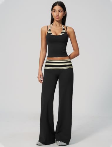 QBGJTD Womens Workout Sets Two Piece Striped Tank Top Wide Leg Yoga Pants Yoga Pilates Outfits
