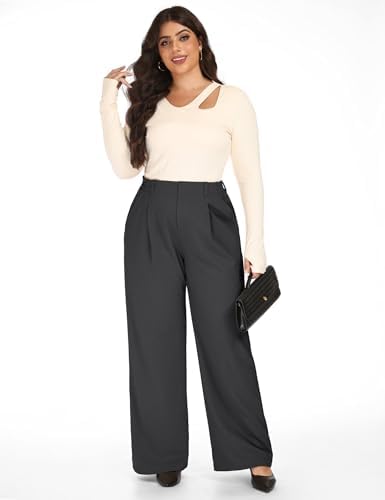 1X-5X Plus Size Wide Leg Dress Pants Women Pull On Stretchy Work Pants