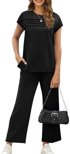 WIHOLL Two Piece Sets for Women Summer Spring Travel Vacation Outfits Cap Sleeve Lounge Matching Sets Wide Leg Pants S-3XL