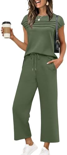 WIHOLL Two Piece Sets for Women Summer Spring Travel Vacation Outfits Cap Sleeve Lounge Matching Sets Wide Leg Pants S-3XL