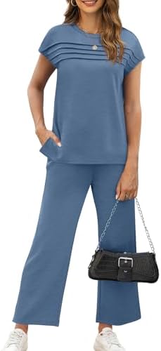 WIHOLL Two Piece Sets for Women Summer Spring Travel Vacation Outfits Cap Sleeve Lounge Matching Sets Wide Leg Pants S-3XL