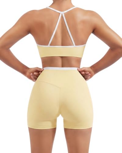 SUUKSESS Women 2 Piece Workout Sets Padded Halter Sports Bras High Waisted Biker Shorts with Pockets