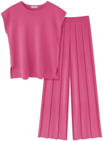 Ekouaer Lounge Sets for Women Two Piece Outfits Knit Cap Sleeve Tops Wide Leg Pleated Pants Casual Dressy Sweater Sets