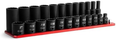 Capri Tools 3/8 in. Drive Shallow and Deep Impact Socket Set, 12-Point, SAE, 5/16 to 1 in., 24-Piece with Red Billet Aluminum Socket Rail